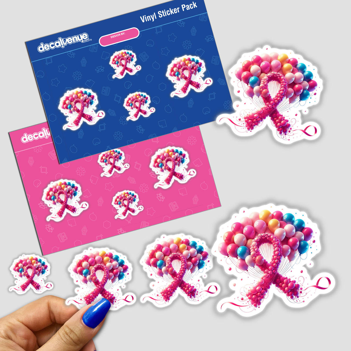 Sticker pack featuring pink ribbons and balloons, titled Balloons Pink Ribbon Breast Cancer, ideal for awareness campaigns or personal use. Available as stickers or digital artwork from Decal Venue.