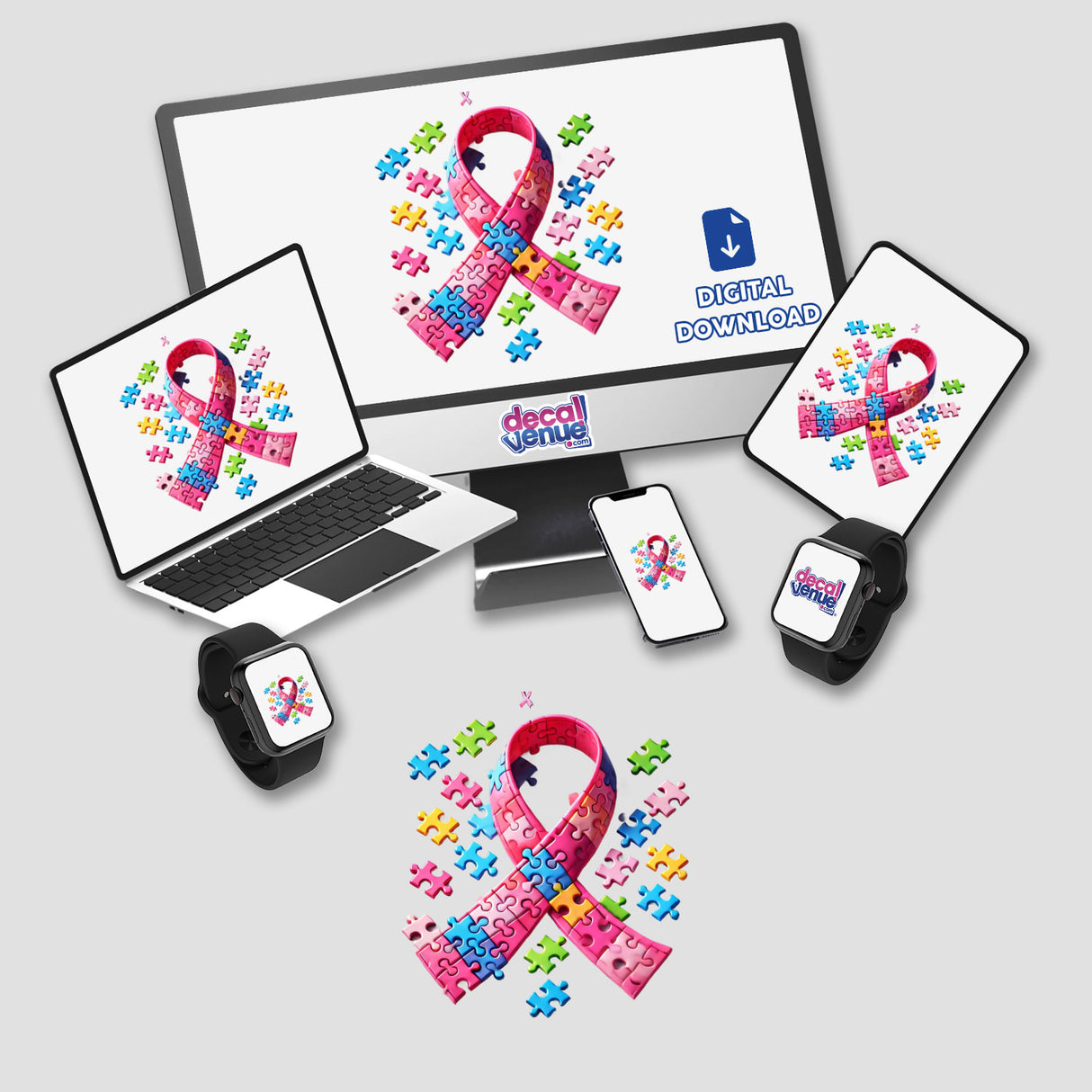 Pink Ribbon and Puzzle Breast Cancer Awareness displayed on various digital devices, including a computer monitor and a laptop, showcasing unique stickers and digital artwork.