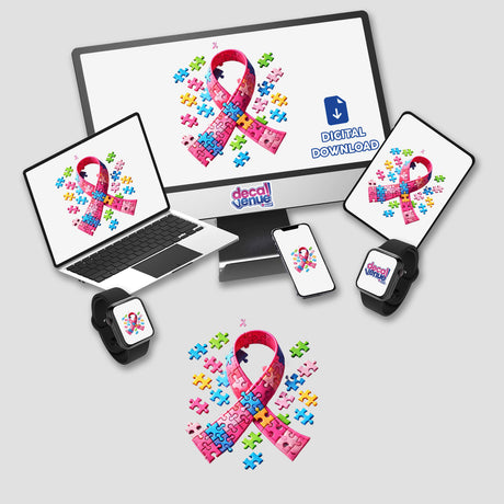 Pink Ribbon and Puzzle Breast Cancer Awareness displayed on various digital devices, including a computer monitor and a laptop, showcasing unique stickers and digital artwork.