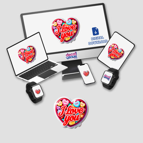 I Love You Valentine's Day Heart sticker on a laptop screen, perfect for expressing love. Available as stickers or digital artwork from Decal Venue's unique collection.