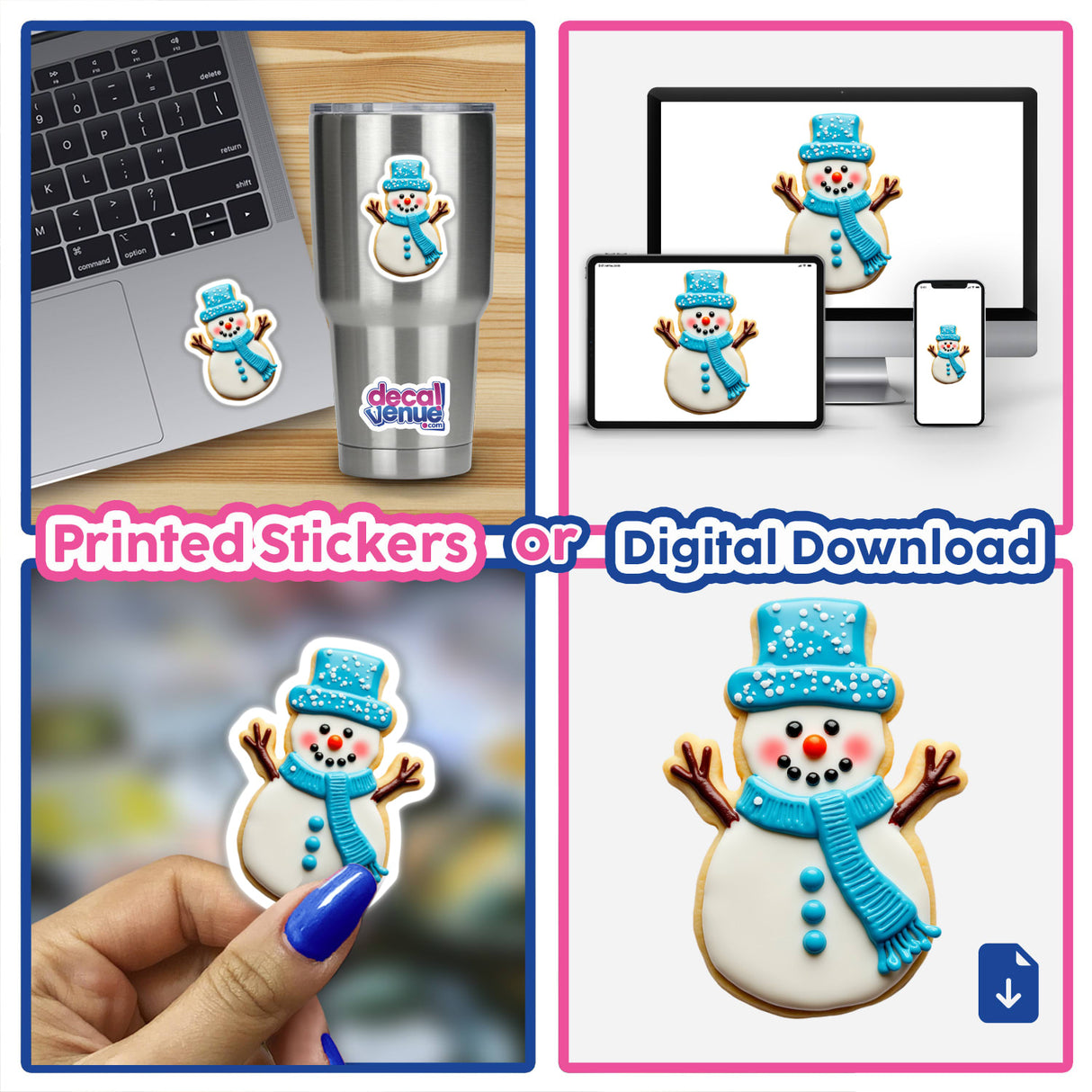 Cute Frosty the Snowman Festive Christmas Cookie stickers or digital artwork collage featuring various snowman designs, including cookies with blue and white frosting and a snowman on a stainless steel cup.