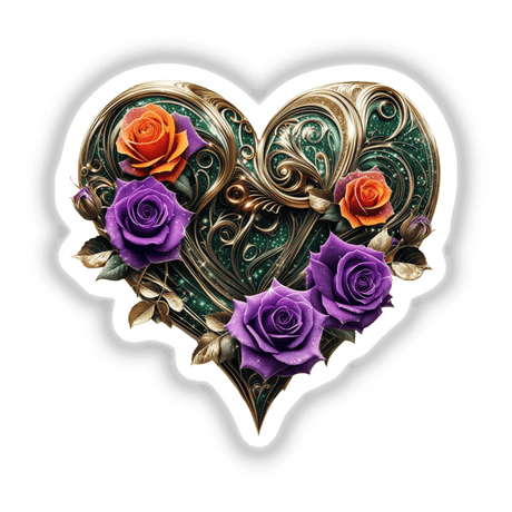 Gold Swirl Heart with Purple and Orange Roses features a heart adorned with roses and leaves, available as stickers or digital artwork, reflecting Decal Venue's unique artistic style.