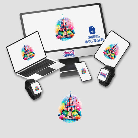 Whimsical French Castle Sticker - Floral Rainbow Kawaii Design displayed on a computer monitor and laptop, showcasing a cartoon castle on a hill.