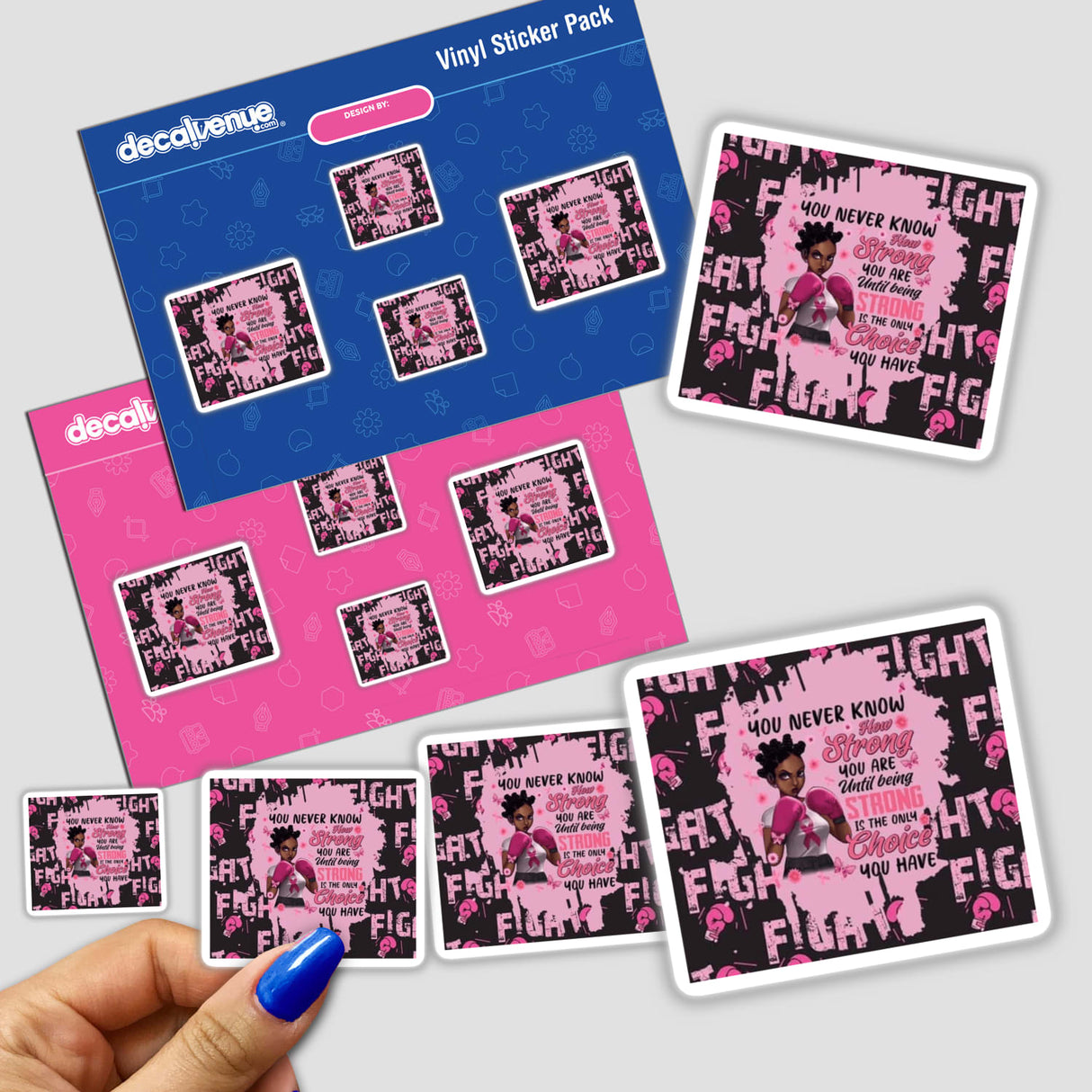 Hand holding Gold Breast Cancer Series 15 stickers with various designs.