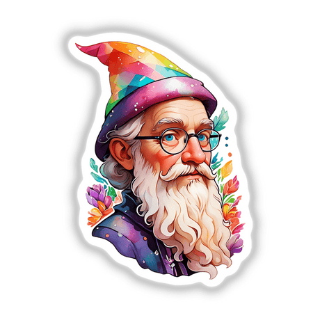 Sticker Design: Portrait of a Magical Wizard in a Classic Wizard Hat, featuring a cartoon man with a beard, glasses, and a colorful hat. Available as stickers or digital artwork.