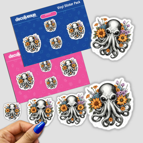 Octopus portrait with floral accents depicted in a vinyl sticker pack from the Decal Venue store, featuring a bold, stylized design with vibrant colors and patterns.