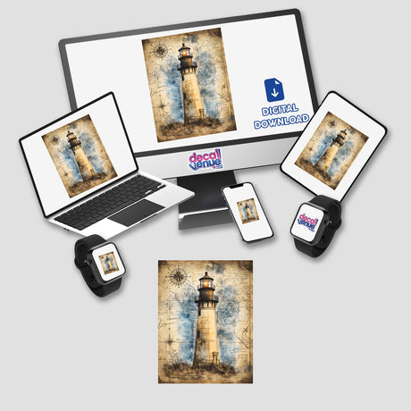 Laptop and tablet displaying 'Lighthouse on Vintage World Map,' available as stickers or digital artwork, from Decal Venue's unique collection.