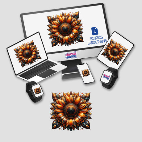 Intricate Sunflower Mandala displayed on computer monitor and laptop screens, with a close-up of the design on a mouse and smartwatch. Available as Stickers or Digital Artwork.