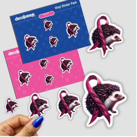 Hedgehog Pink Ribbon Breast Cancer stickers feature cute hedgehogs with pink ribbons, supporting breast cancer awareness. Available as physical stickers or digital artwork from Decal Venue.