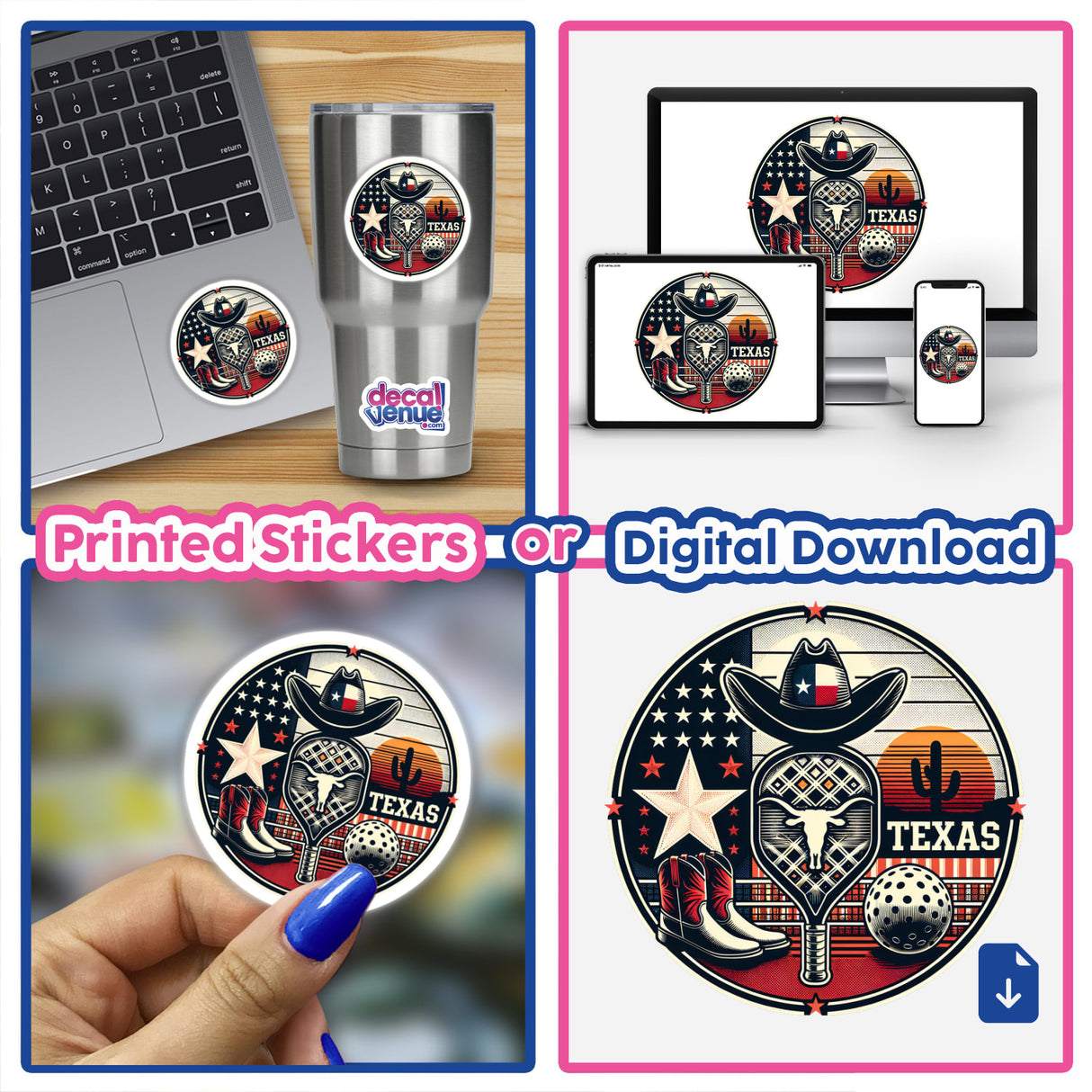 Texas Pickleball Theme Boots, Cactus, Star, Cowboy Hat stickers collage, featuring a person holding a sticker and a laptop with a sticker, aligning with Decal Venue's unique vinyl sticker collection.