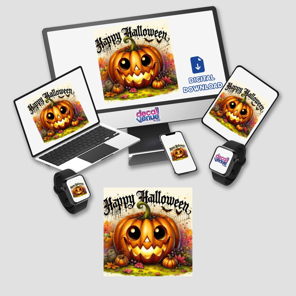 Bronze Halloween Series 7: A computer monitor and laptop displaying a cartoon pumpkin with a smiling face, available as stickers or digital artwork.