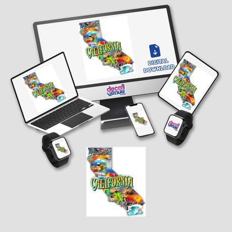 Vibrant digital artwork depicting the state of California, featuring colorful and artistic representations of the landscape and landmarks. The image is displayed on various electronic devices, showcasing the versatility of the digital design.