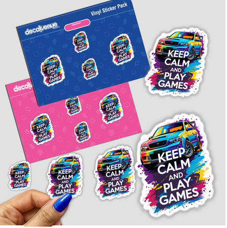 Keep Calm And Play Games Gaming Quote sticker held by a hand, surrounded by various other stickers featuring car designs, reflecting Decal Venue's unique sticker and digital art offerings.