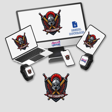 Computer monitor, laptop, phone, and smartwatch displaying 0005 - WAR CHAMPION logo featuring a warrior helmet and crossed swords. Available as stickers or digital artwork.