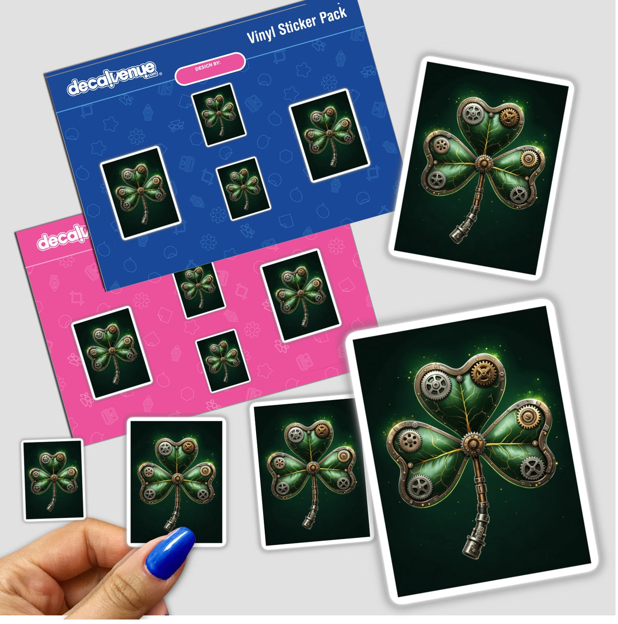 Steampunk Shamrock with Metallic Gears: A vinyl sticker featuring a detailed green clover adorned with gears, blending mechanical and natural elements, available as a sticker or digital artwork.