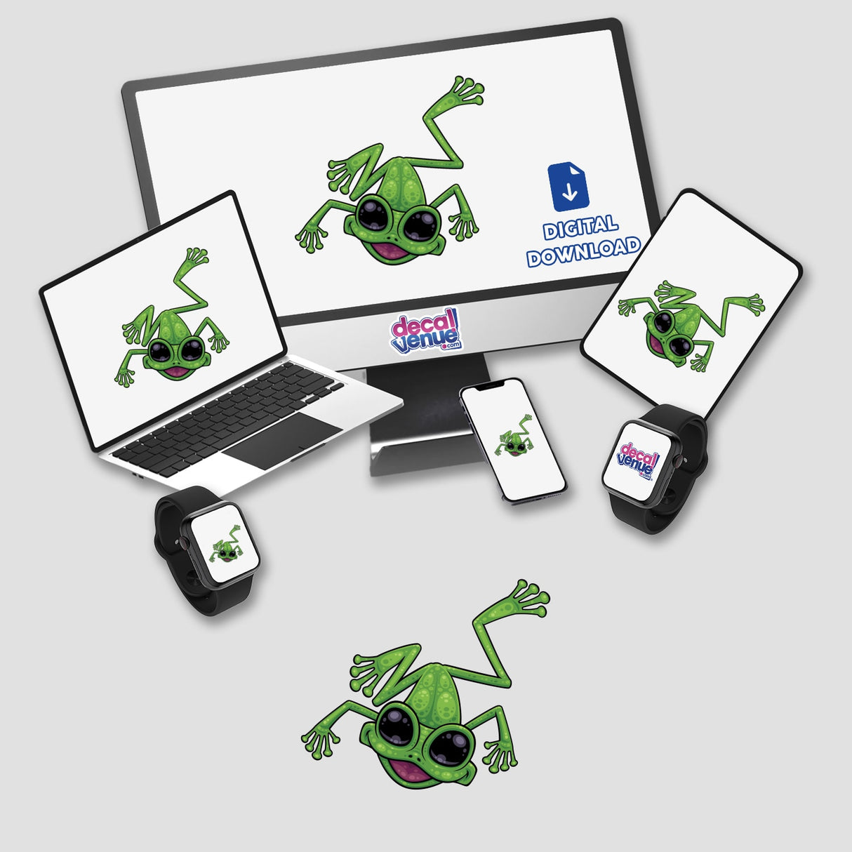 Computer and laptop screens display the Happy Green Tree Frog cartoon, illustrating its sticker form. The vibrant, playful design exemplifies Decal Venue's unique sticker collection.