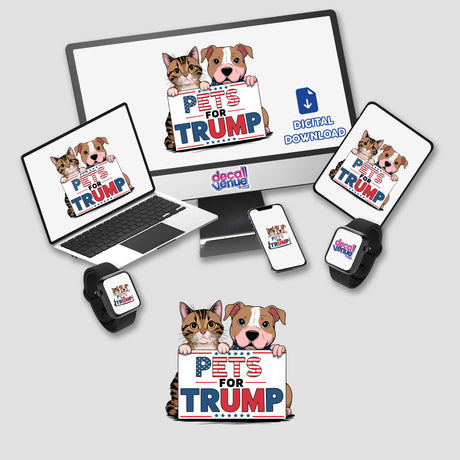 Pets for Trump - Cat and Pitbull Dog Maga II: Cartoon cat and dog holding a sign displayed on a computer monitor and laptop, available as stickers or digital artwork.