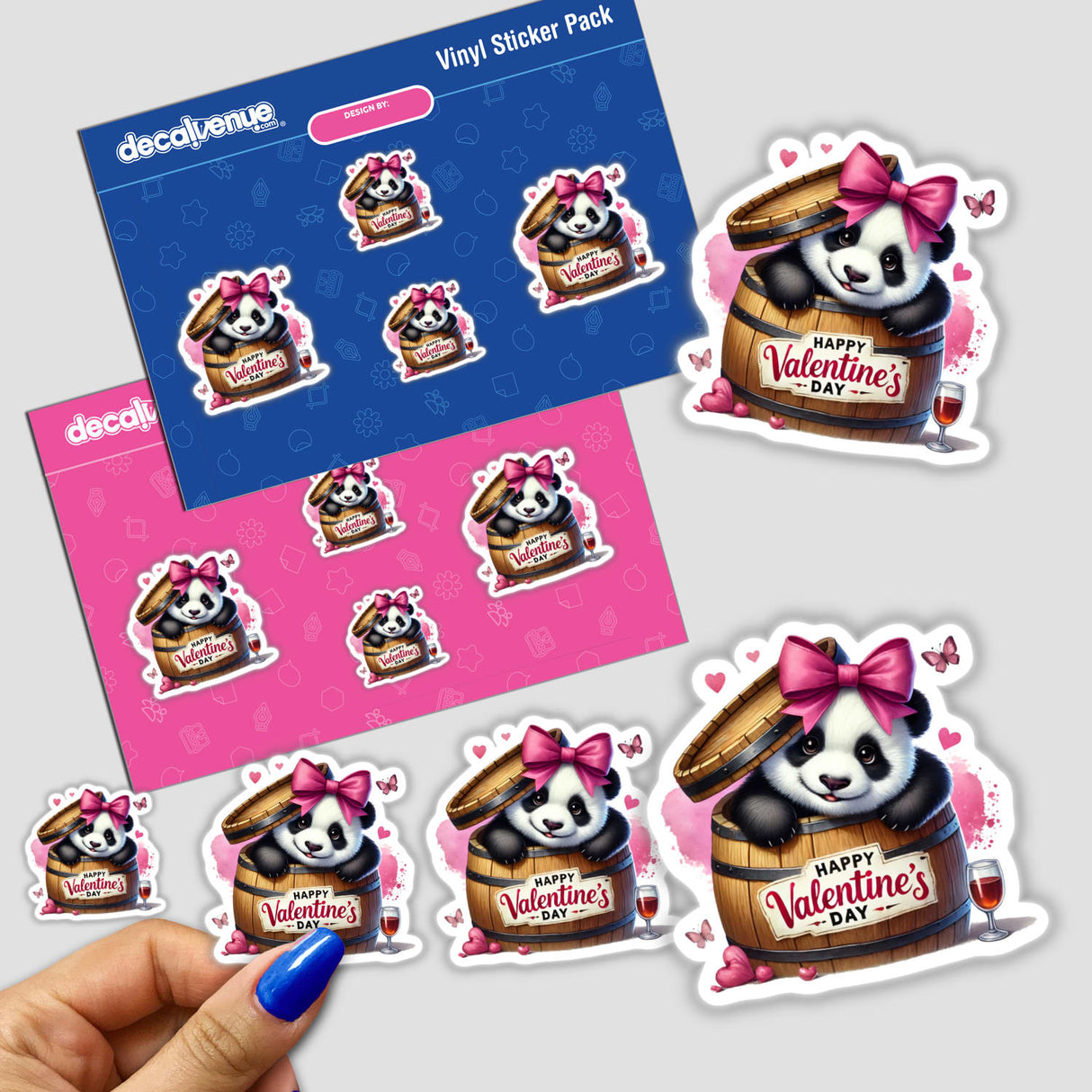 Coquette Valentine Panda Bear Peeking from Barrel sticker pack, featuring adorable illustrations of pandas with pink bows, available as unique vinyl stickers or digital artwork from Decal Venue.