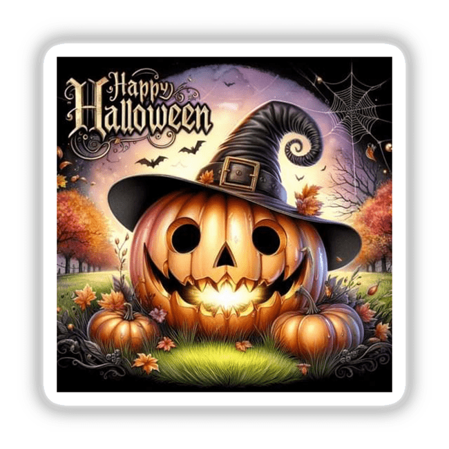 Bronze Halloween Series 9: A cartoon pumpkin wearing a black hat with a gold buckle, available as stickers or digital artwork.