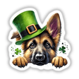 Peeking St Patricks Day German Shepherd Dog in a green hat, available as stickers or digital artwork, ideal for celebrating with unique flair from Decal Venue.