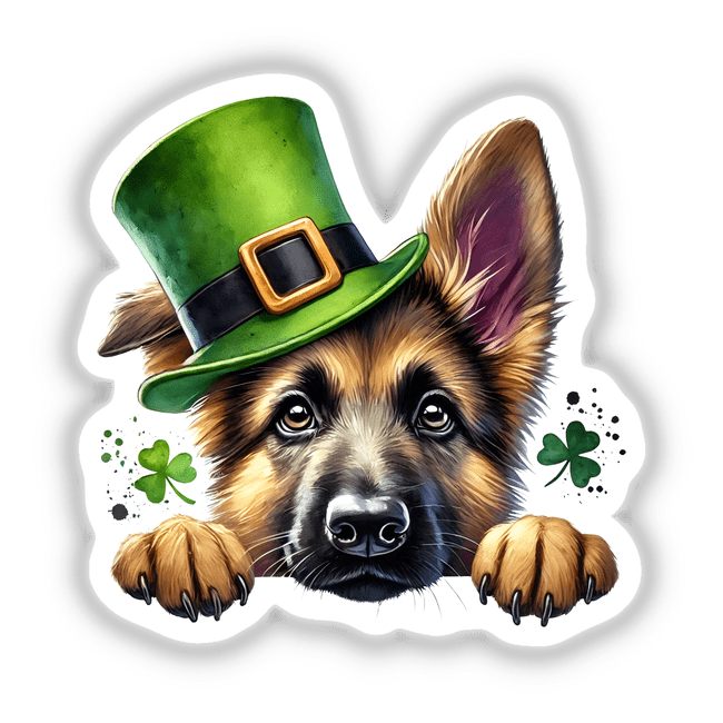 Peeking St Patricks Day German Shepherd Dog in a green hat, available as stickers or digital artwork, ideal for celebrating with unique flair from Decal Venue.