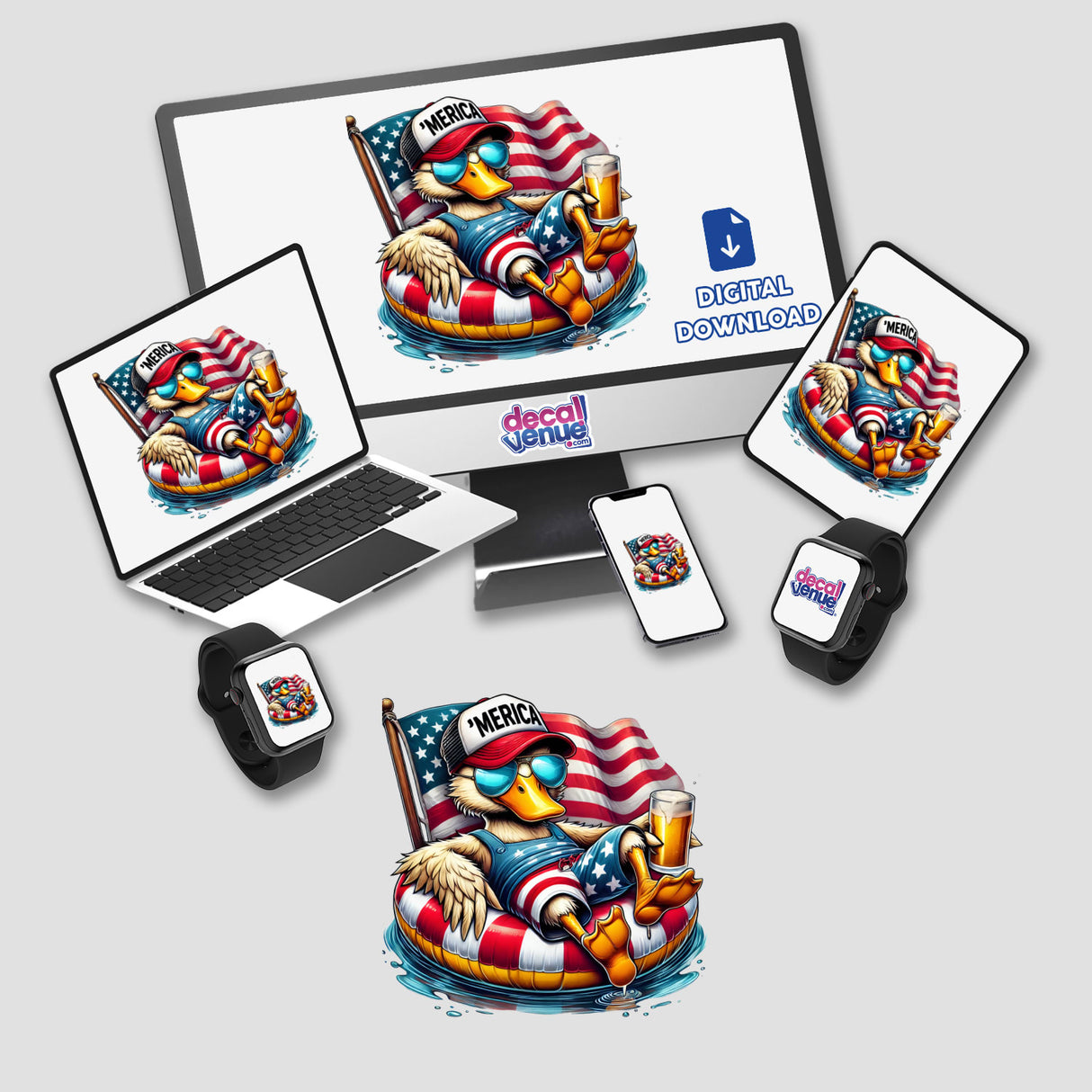 Duck American Flag Float Merica stickers or digital artwork featuring a cartoon duck with sunglasses and a hat, sitting on a float, displayed on various electronic devices like a laptop, phone, and smartwatch.