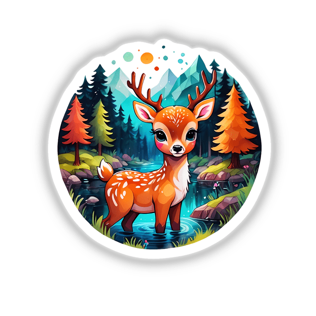 Serene Forest Deer Sticker - Moody Woodland Lake Nature Scene: A cartoon deer standing in a river, surrounded by trees, capturing a tranquil forest ambiance. Available as stickers or digital artwork.