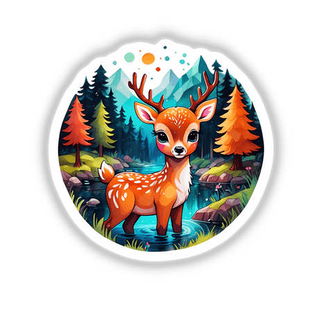 Serene Forest Deer Sticker - Moody Woodland Lake Nature Scene: A cartoon deer standing in a river, surrounded by trees, capturing a tranquil forest ambiance. Available as stickers or digital artwork.