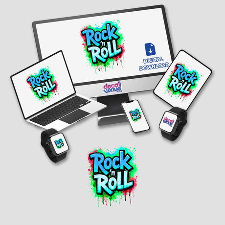 Rock 'n Roll Graffiti Art featuring a laptop and monitor displaying band logos, a keyboard, and a smartwatch. Available as stickers or digital artwork from Decal Venue.