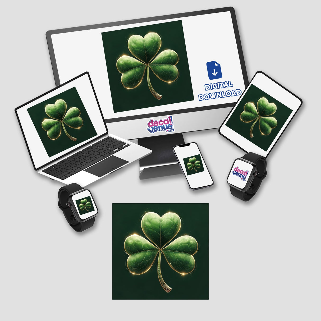 Elegant Shamrock – Green Clover with Subtle Glow and Gold Accents displayed on a computer monitor and laptop screen, reflecting Decal Venue's unique vinyl stickers and digital art offerings.