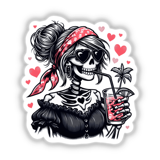 Valentine Skeleton Mama Zombie Hearts: A cartoon skeleton with sunglasses and bandana sipping a drink, available as unique stickers or digital artwork from Decal Venue.