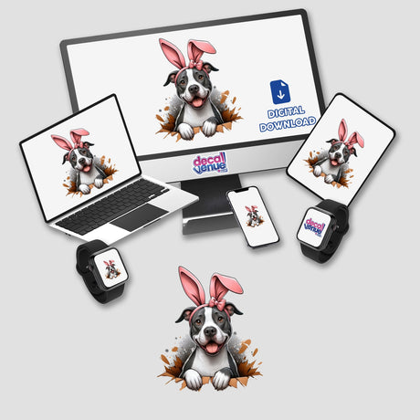 Peek a Boo Pitbull Bunny design on laptop and monitor screens, featuring a playful dog with pink bunny ears, offered as stickers or digital artwork.