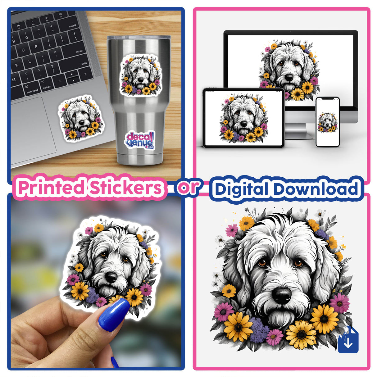 Goldendoodle Dog Portrait Floral Accents PA49