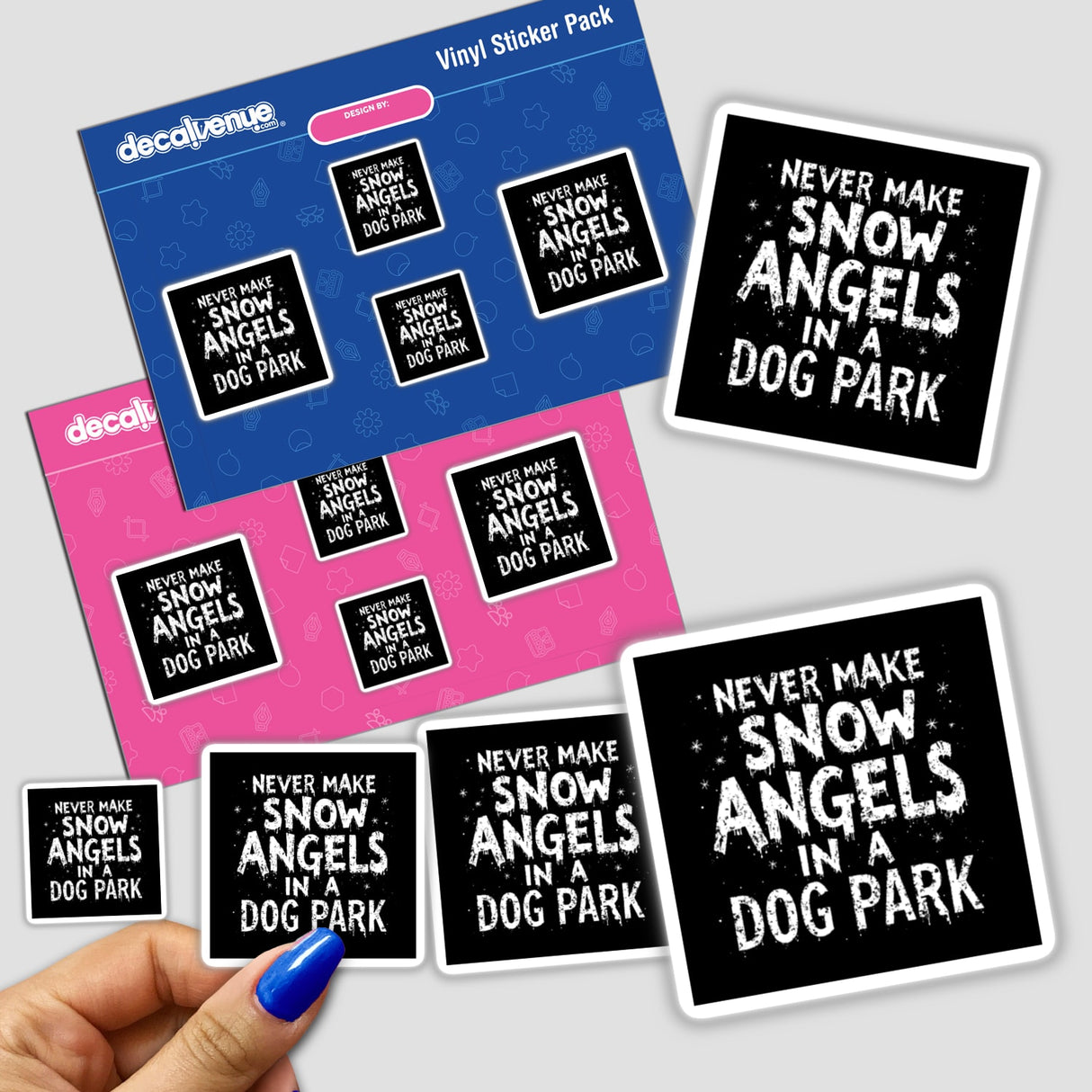 Hand holding a Funny Snow Angels in Dog Park Quote – Witty Winter Humor Sticker or Clipart, showcasing its playful text design, available as a sticker or digital artwork.