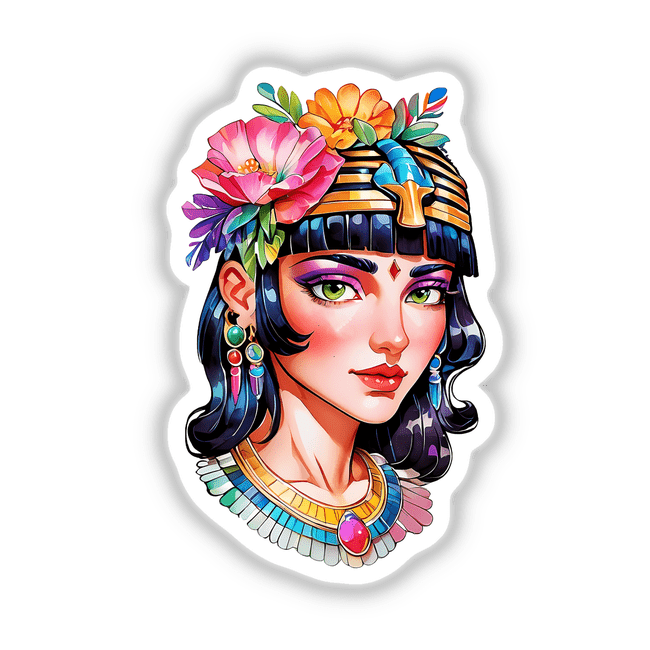 Alluring Egyptian Queen cartoon with flowers in her hair, available as stickers or digital artwork from Decal Venue.