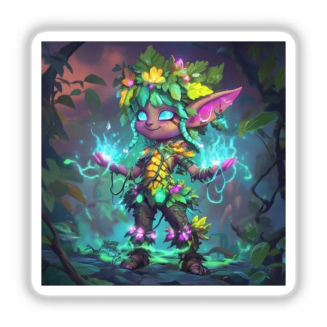 Forest Elf with Nature Magic and Glowing Vines: A cartoon character in a forest surrounded by plants and lights, available as stickers or digital artwork.