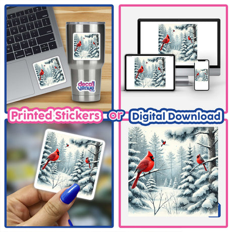 Winter Wonderland - Forest of Snowy Pines and Red Cardinals collage displayed on a laptop, featuring close-ups of red cardinals on branches and a person painting. Available as stickers or digital artwork.