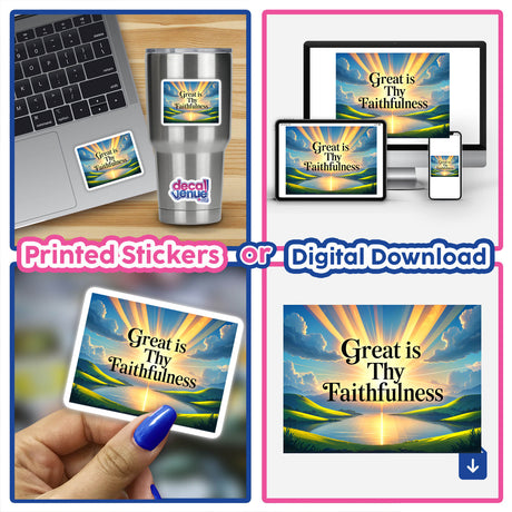 Collage featuring the Great Is Thy Faithfulness Christian Quote on laptops, highlighting its availability as stickers or digital artwork from Decal Venue.