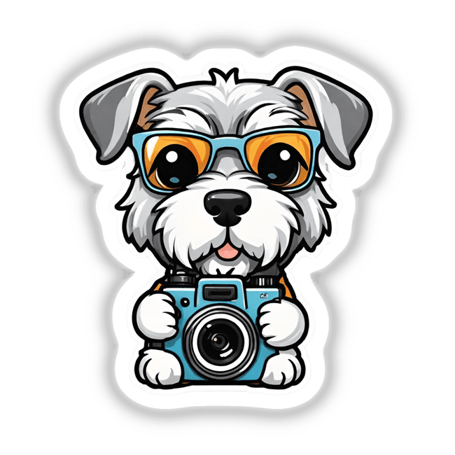 Schnauzer dog holding camera