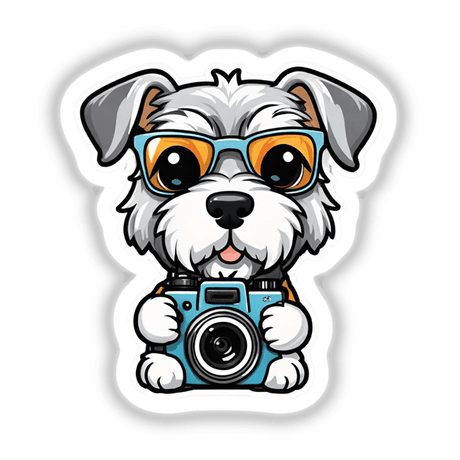 Schnauzer dog holding camera