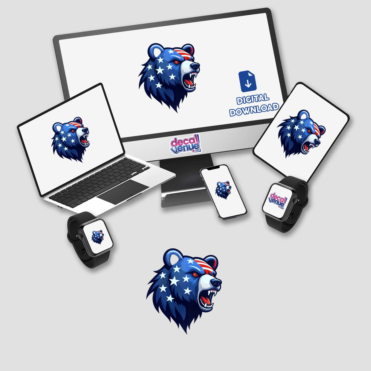 A Cool American Flag Bear displayed on a computer monitor and laptop screen, highlighting its unique design available as stickers or digital artwork.