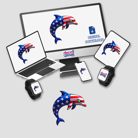 A Cool American Flag Dolphin displayed on a computer monitor and laptop screen, highlighting its cartoon style. Available as stickers or digital artwork from Decal Venue.