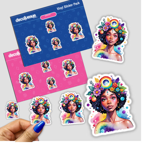 Hand holding a Hippie Black Woman Sticker: Universe from Crown Chakra, Rainbow Colors, Flowers Everywhere pack featuring a woman with flowers in her hair.