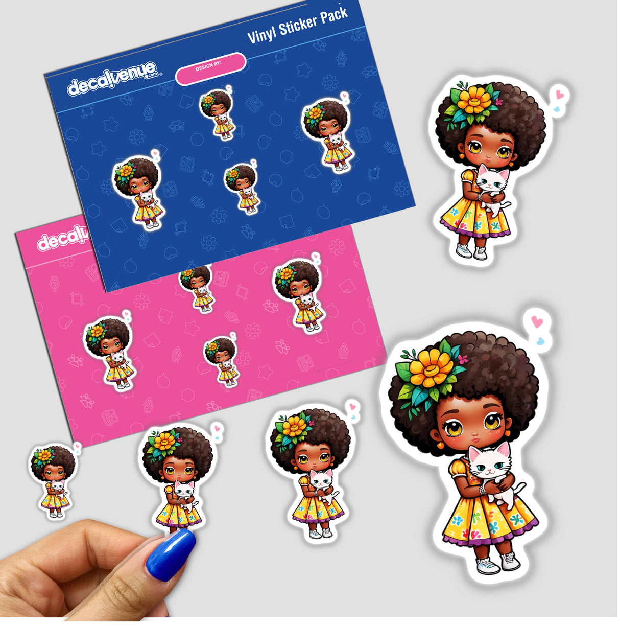 Afro Girl Holding White Kitten: Cute Cartoon Sticker showing a smiling girl hugging a kitten, part of a diverse sticker pack featuring charming cartoon characters.