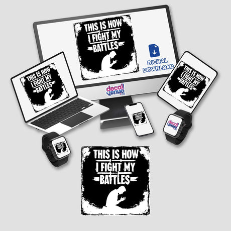 This Is How I Fight My Battles Typography Design | Christian Sticker or Clipart with Commercial Rights, featuring a cartoon-style digital artwork of a person praying, available from Decal Venue.