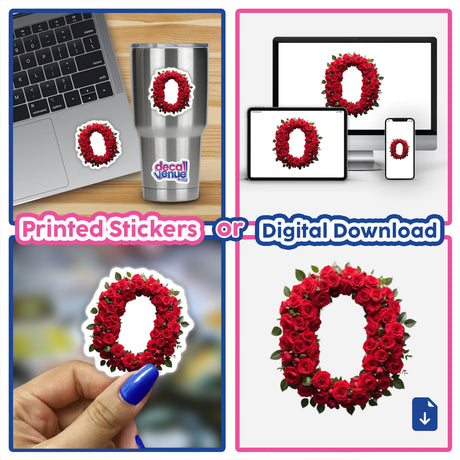 Elegant Floral Letter O Clipart: A downloadable sticker featuring a collage of laptops, computers, and roses arranged artistically, highlighting the intricate floral design within the letter O.