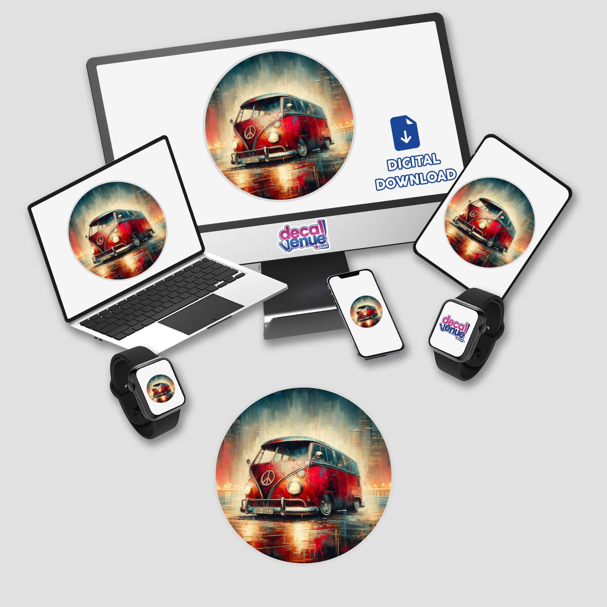 V-Dub digital artwork showing a red van with a peace sign on screens, highlighting its availability as stickers or digital art from Decal Venue.