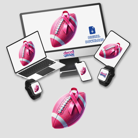 Computer monitor and laptop displaying a pink ribbon, part of the Pink Football Pink Ribbon Breast Cancer collection, available as stickers or digital artwork from Decal Venue.