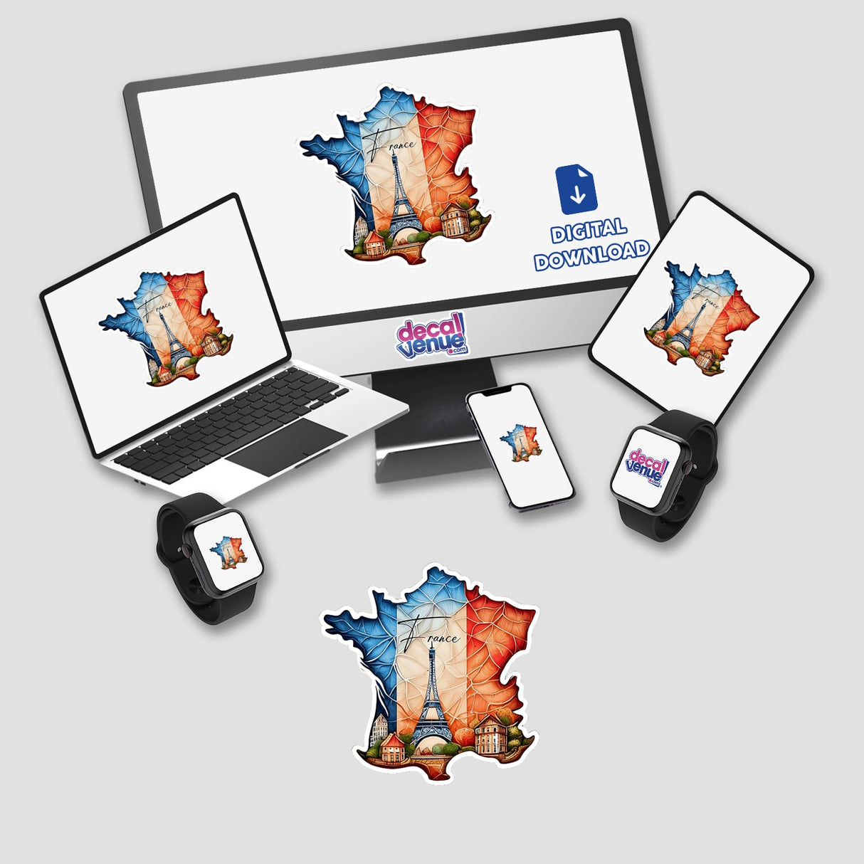 Vibrant digital artwork of France featuring iconic landmarks like the Eiffel Tower displayed on various tech devices from the Decal Venue store.