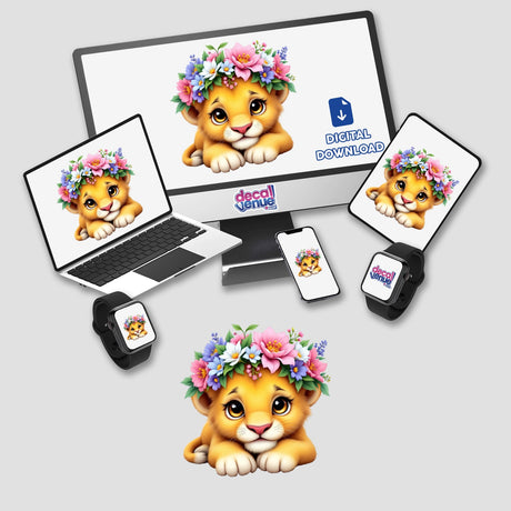 Majestic Lion Cub with a Blooming Flower Crown displayed on a laptop, phone, and smartwatch, representing stickers or digital artwork from Decal Venue.